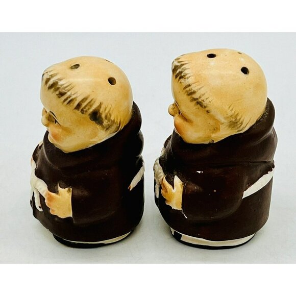 Friar Tuck Salt Pepper Shakers 2.5 inch Ceramic Cork Stoppers Vintage - Picture 4 of 6